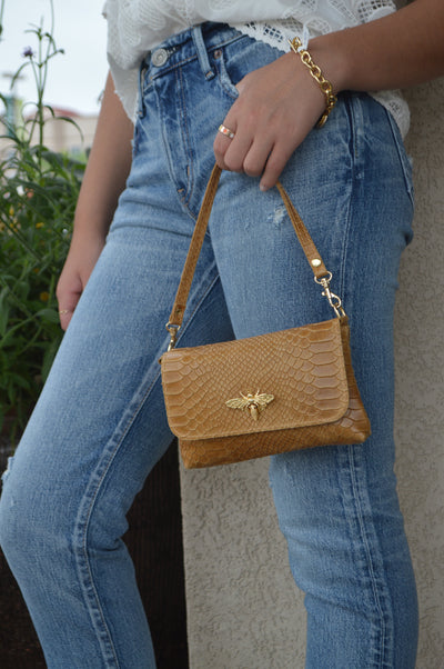 Camille Embossed Leather Crossbody/Clutch, Camel