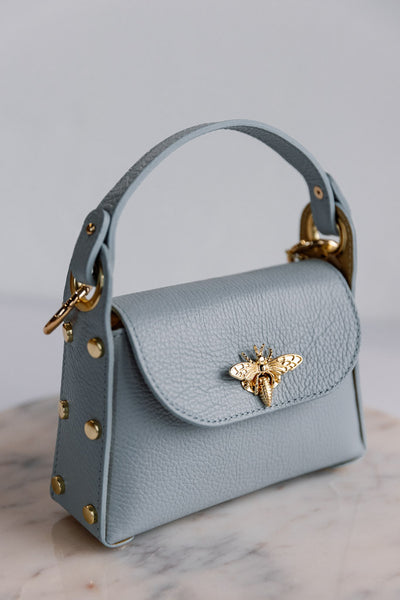 Nina Pebbled Leather Hand Bag, Dusty Blue