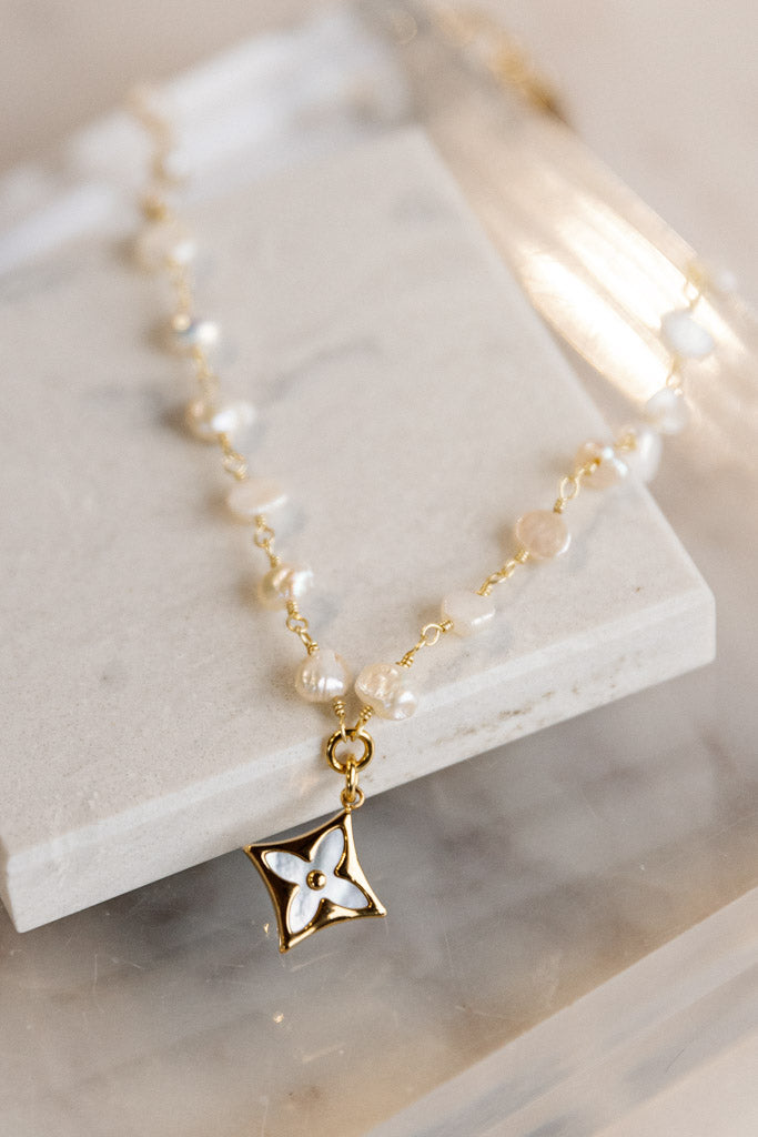 .Designer Pearl Chain W/ MOP Square Logo Charm