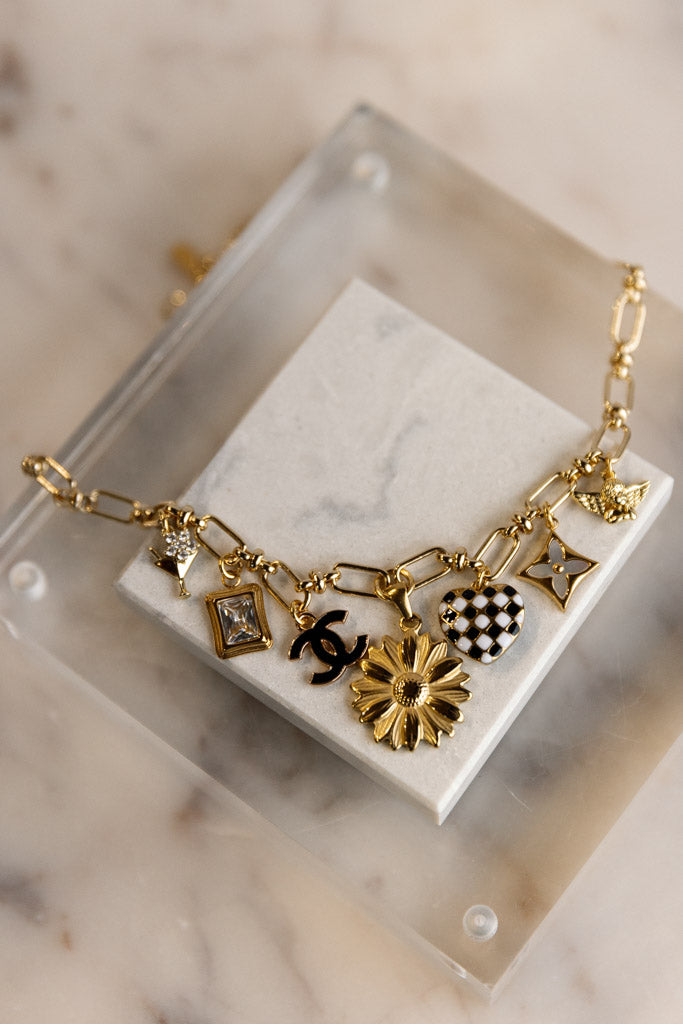 .Designer Charm Necklace, Black/White/Gold