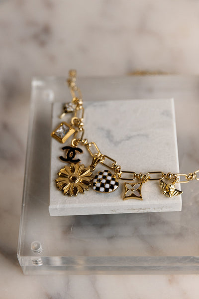 .Designer Charm Necklace, Black/White/Gold