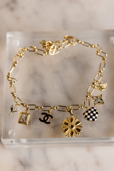 .Designer Charm Necklace, Black/White/Gold