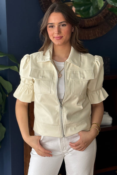 .Paisley Faux Leather Jacket (SIZE UP), Ivory