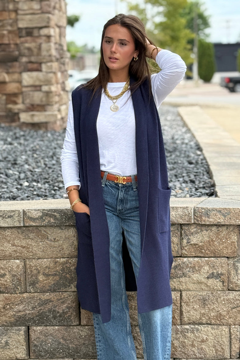 Mazie Sleeveless Cardigan, Denim Blue