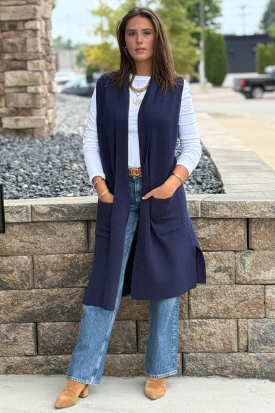 Mazie Sleeveless Cardigan, Denim Blue