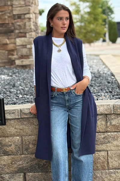 Mazie Sleeveless Cardigan, Denim Blue