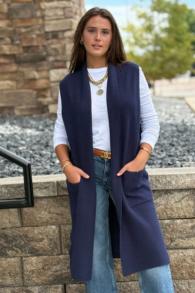 Mazie Sleeveless Cardigan, Denim Blue
