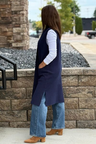 Mazie Sleeveless Cardigan, Denim Blue