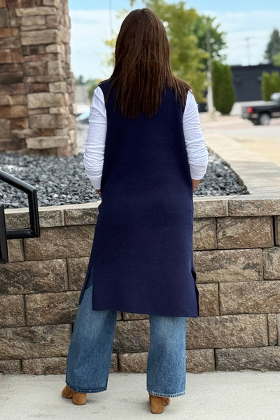 Mazie Sleeveless Cardigan, Denim Blue