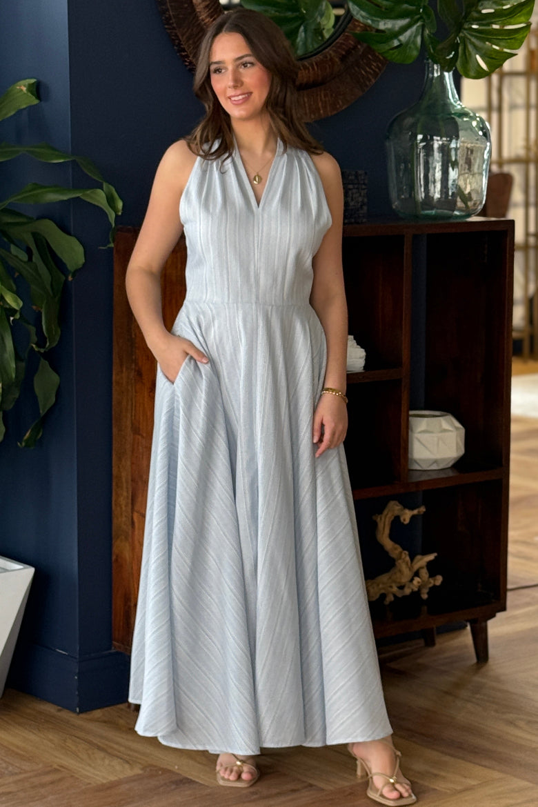 .Serenity Dobby Striped Halter Dress Chambray Blue Stripe / S