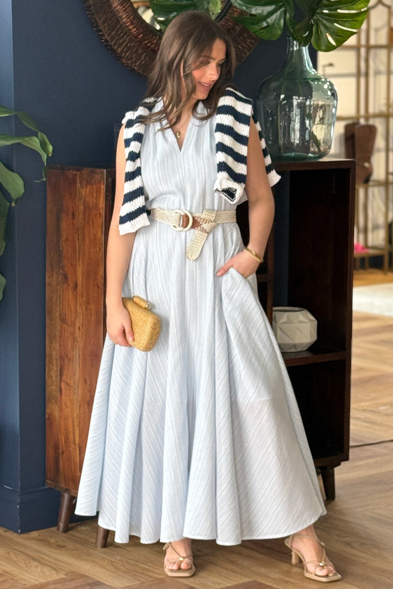.Serenity Dobby Striped Halter Dress Chambray Blue Stripe / S