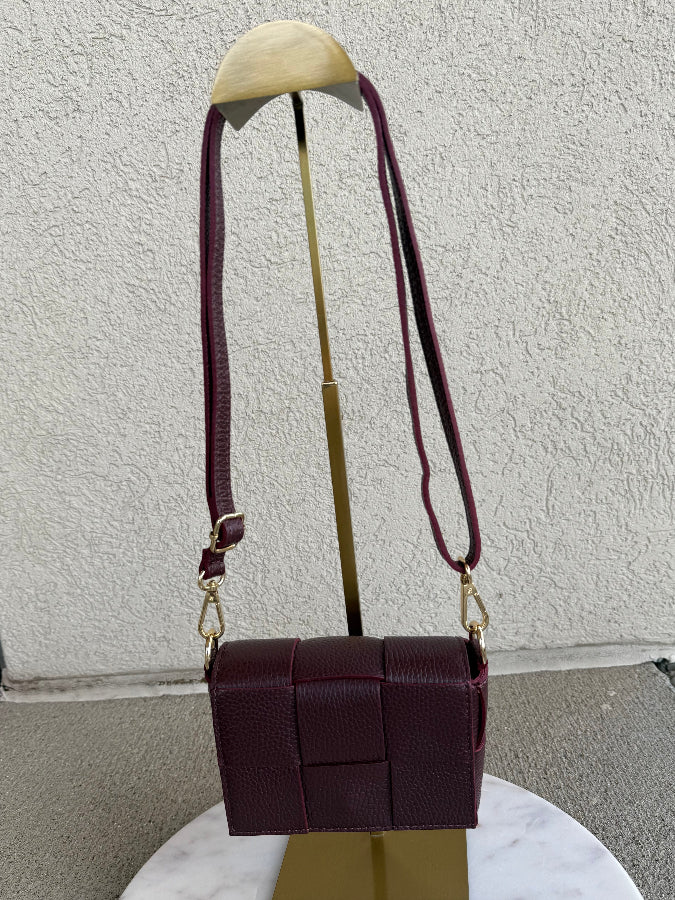 .Maddie Woven Leather Handbag, Burgundy