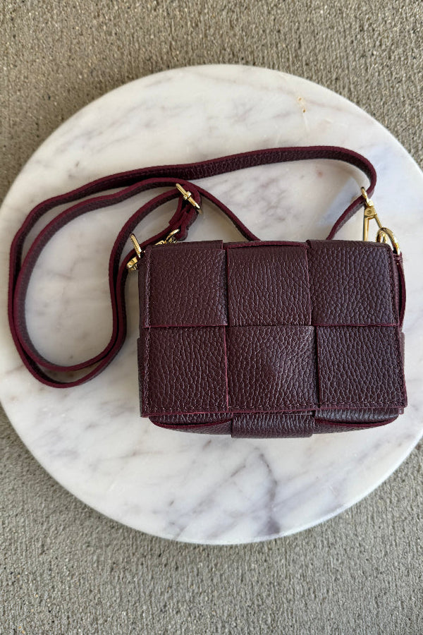 Maddie Woven Leather Handbag, Burgundy
