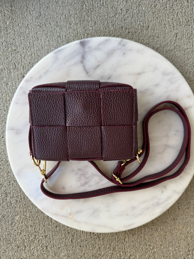 .Maddie Woven Leather Handbag, Burgundy