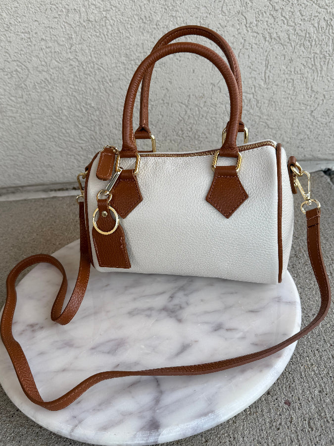 .Lola Leather Duffle Handbag, Cream Combo