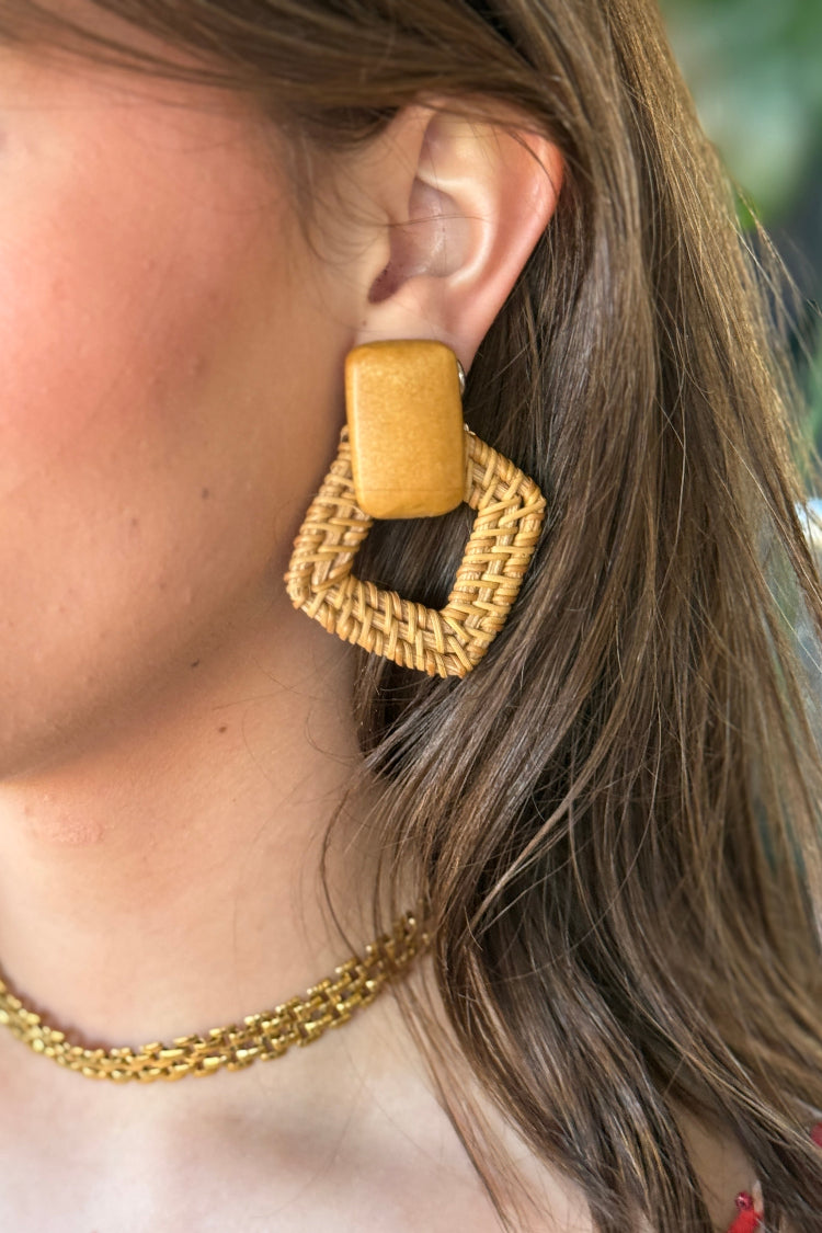 .Wood Rattan Drop Earrings, Dark