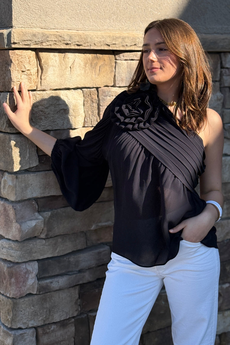 Farm Rio Black Rose One Shoulder Top