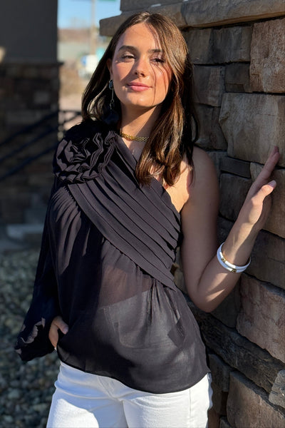 Farm Rio Black Rose One Shoulder Top