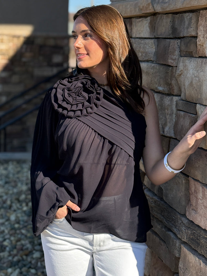 Farm Rio Black Rose One Shoulder Top