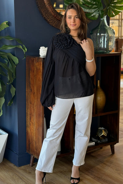 Farm Rio Black Rose One Shoulder Top