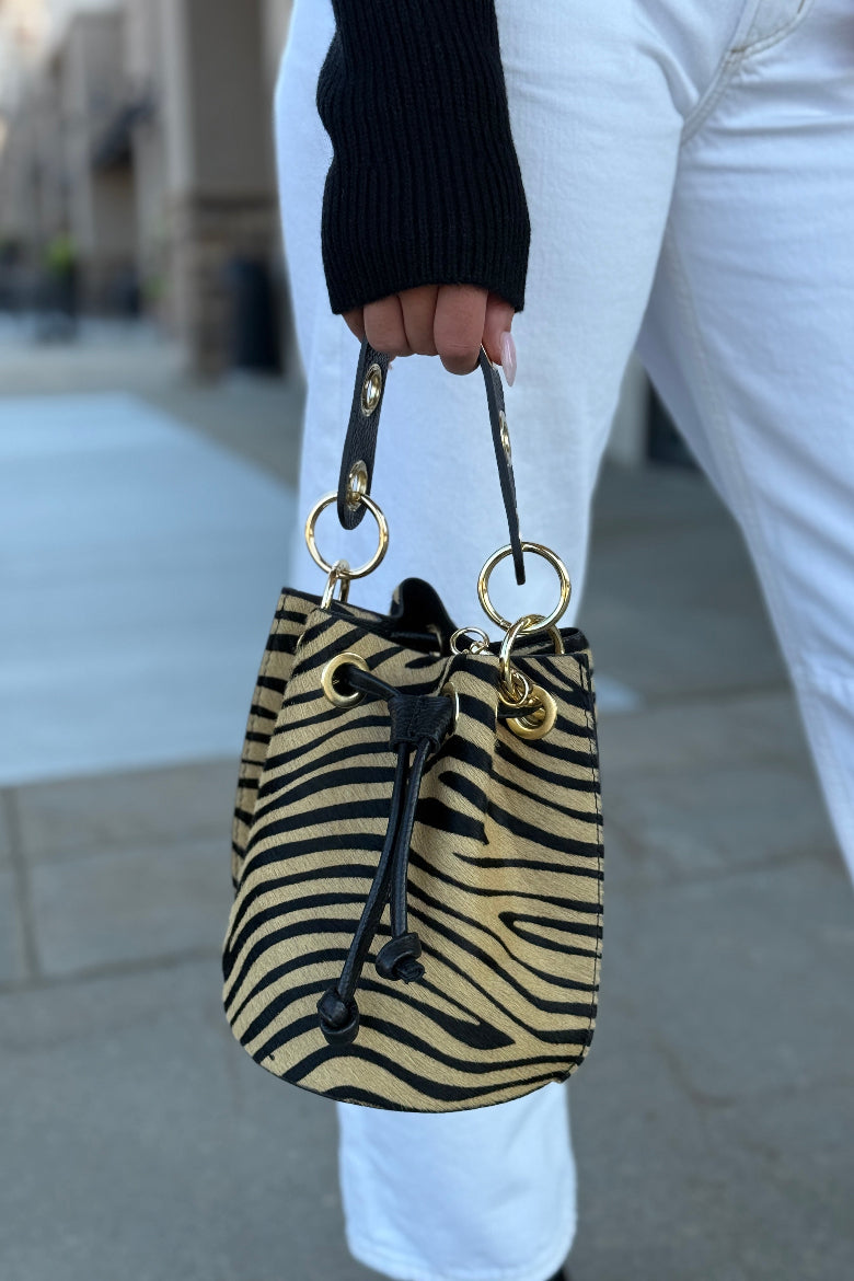 Etta Leather Hide Bucket Bag, Zebra