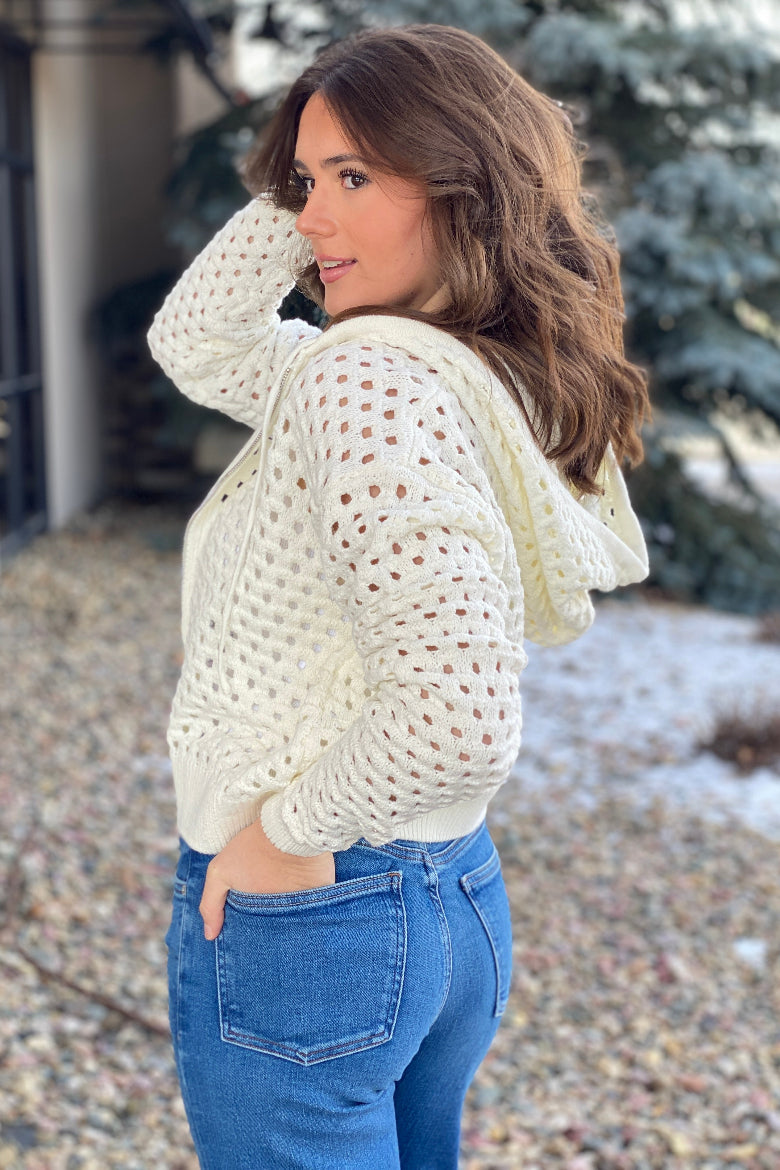 Nina Open Knit Hooded Cardigan, White