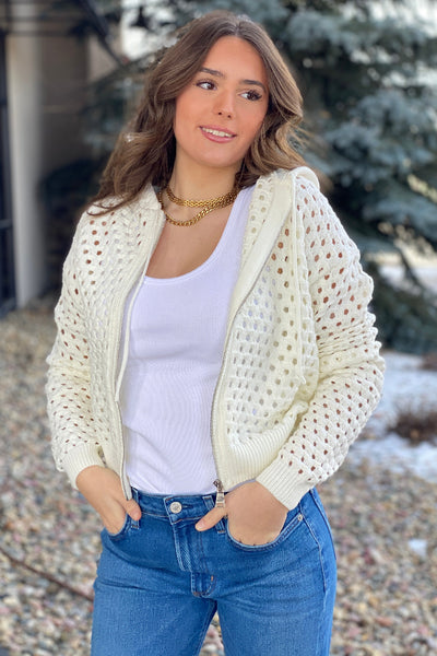 Nina Open Knit Hooded Cardigan, White - RUST & Co.