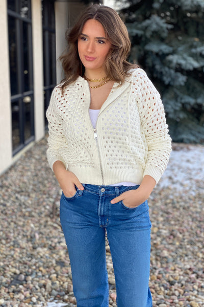 Nina Open Knit Hooded Cardigan, White - RUST & Co.