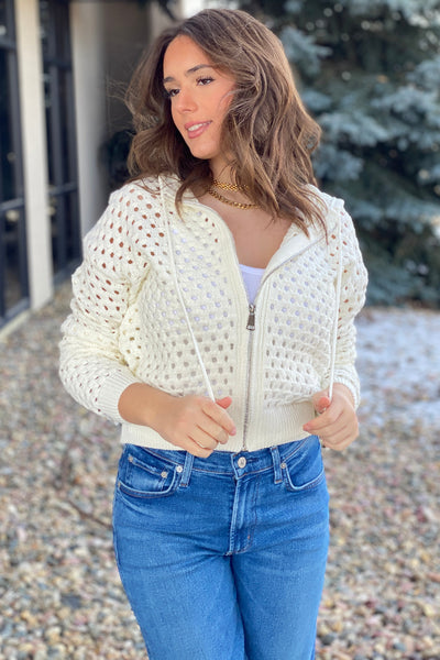 Nina Open Knit Hooded Cardigan, White - RUST & Co.