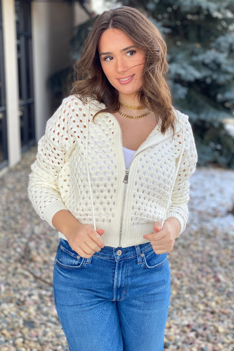 Nina Open Knit Hooded Cardigan, White