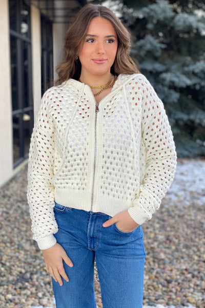 Nina Open Knit Hooded Cardigan, White - RUST & Co.