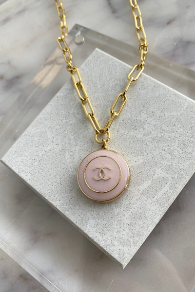 .Designer Enamel Charm Necklace On Paperclip Chain, Pink - RUST & Co.