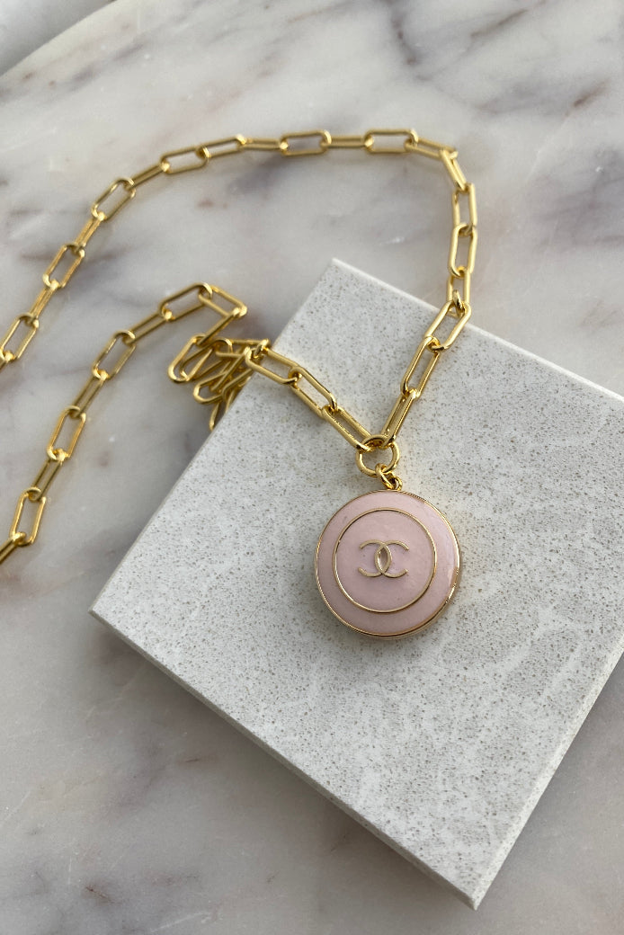 .Designer Enamel Charm Necklace On Paperclip Chain, Pink - RUST & Co.