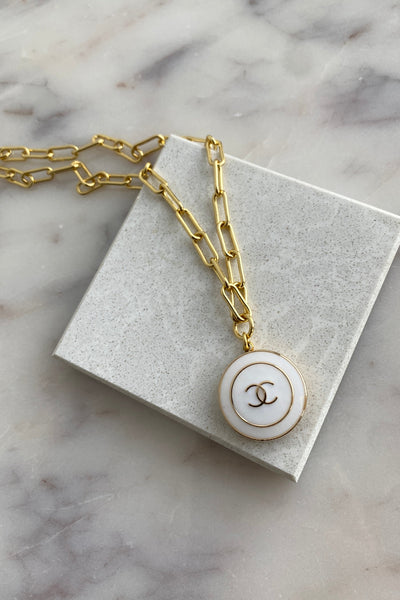 .Designer Enamel Charm Necklace On Paperclip Chain, White - RUST & Co.