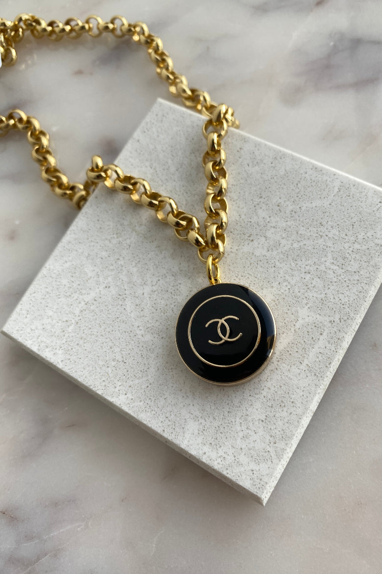 .Designer Enamel Charm Necklace On Rolo Chain, Black - RUST & Co.