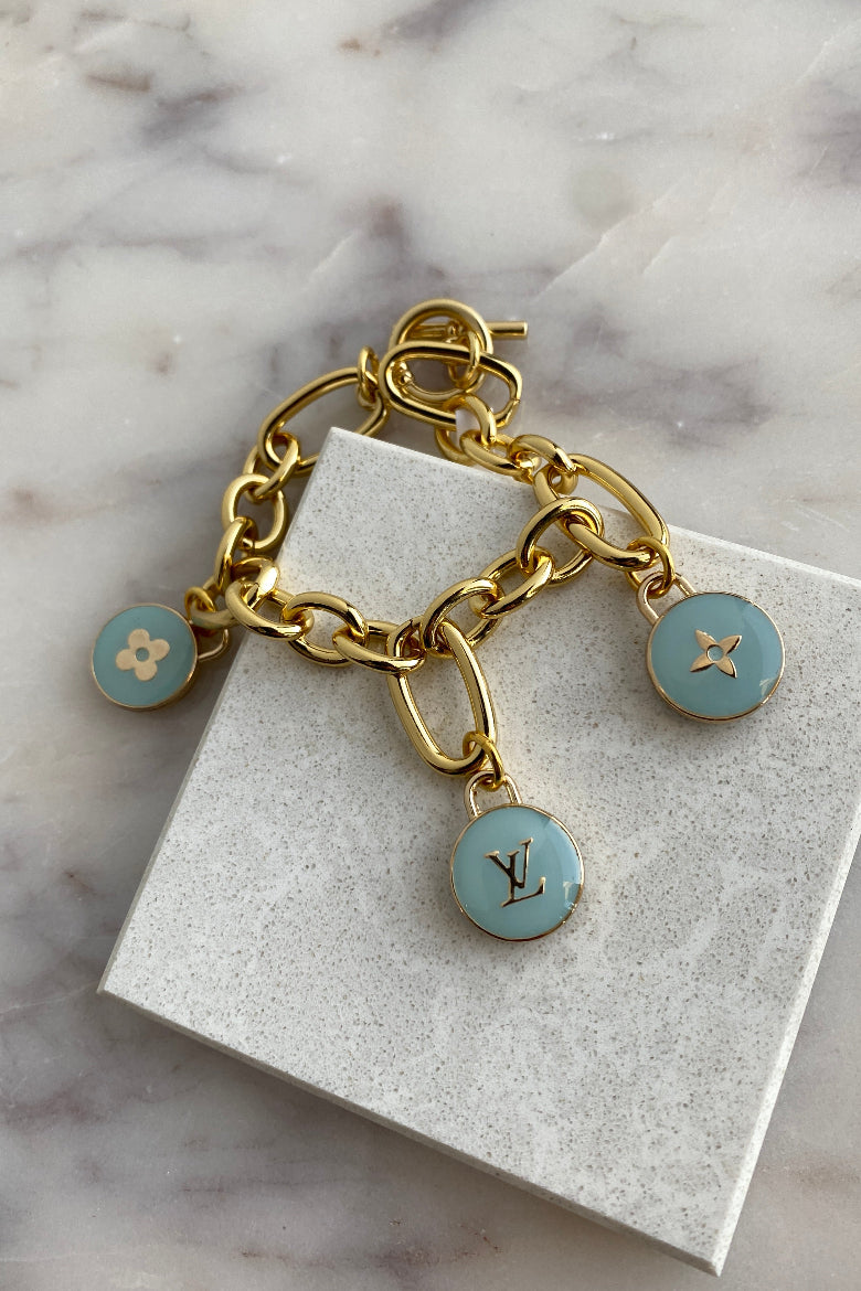 .Designer Toggle Clasp Triple Charm Bracelet, Aqua - RUST & Co.