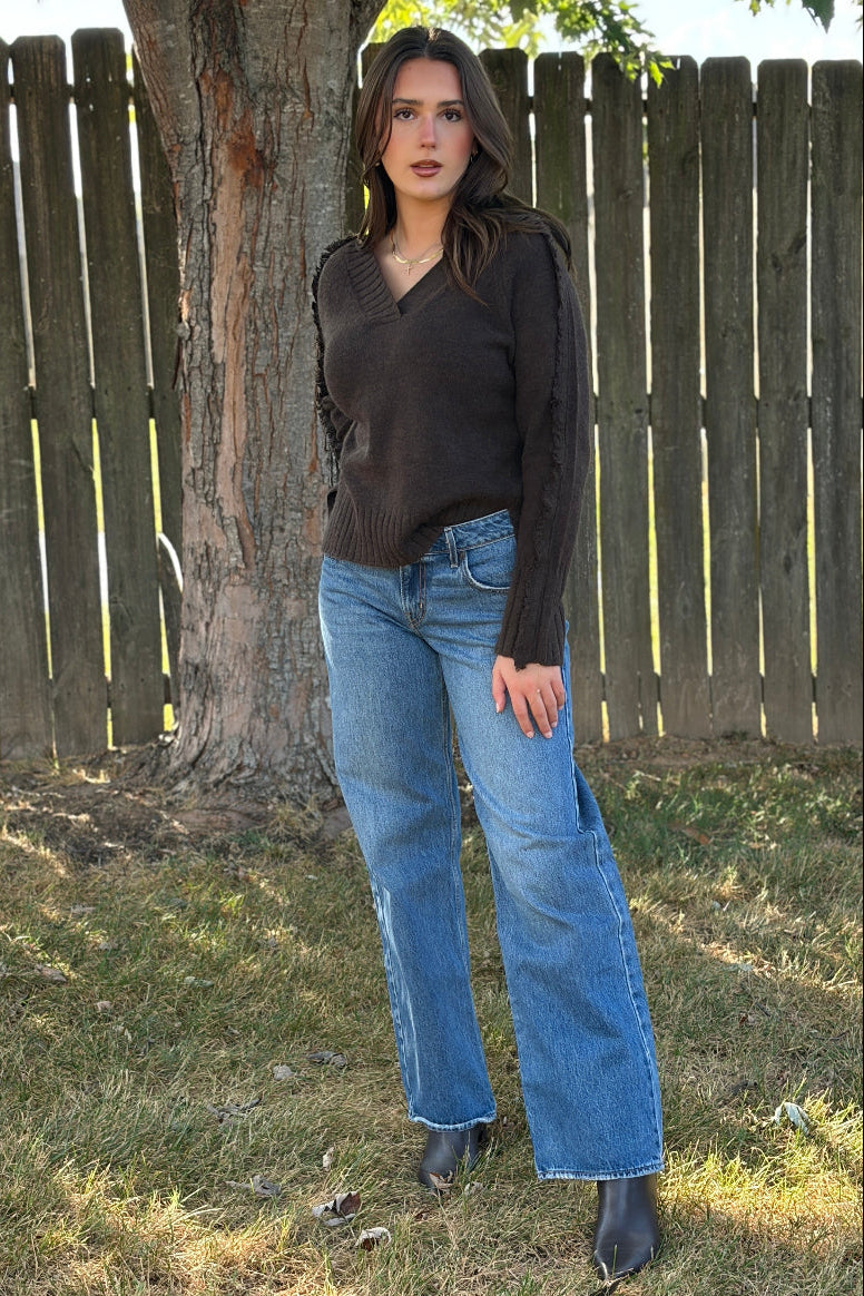 Mica V-neck Sweater With Fray Trim