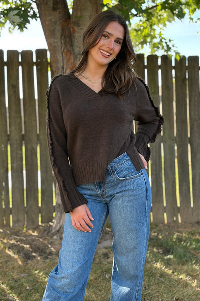 Mica V-neck Sweater With Fray Trim
