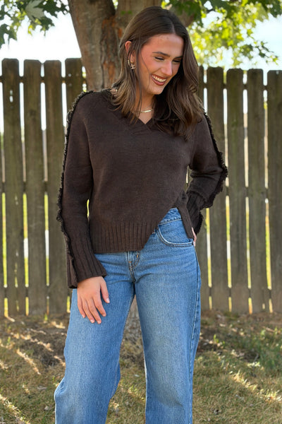 Mica V-neck Sweater With Fray Trim