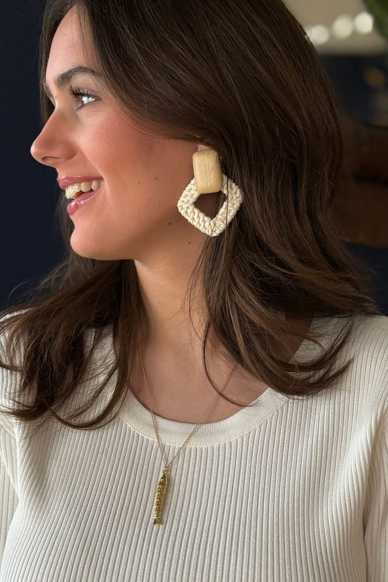 .Wood Rattan Drop Earrings, Light