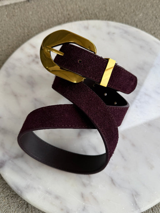 Aggie Faux Suede Belt, Chocolate Berry