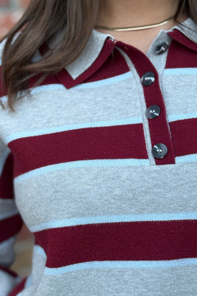 Quinn Rugby Stripe Polo Sweater, Burgundy