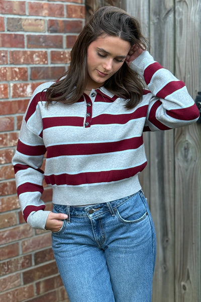 Quinn Rugby Stripe Polo Sweater, Burgundy