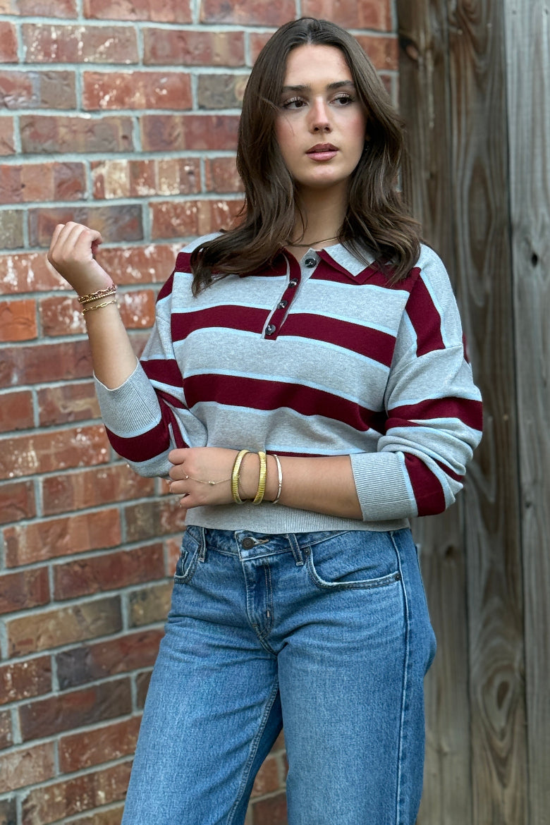 Quinn Rugby Stripe Polo Sweater, Burgundy