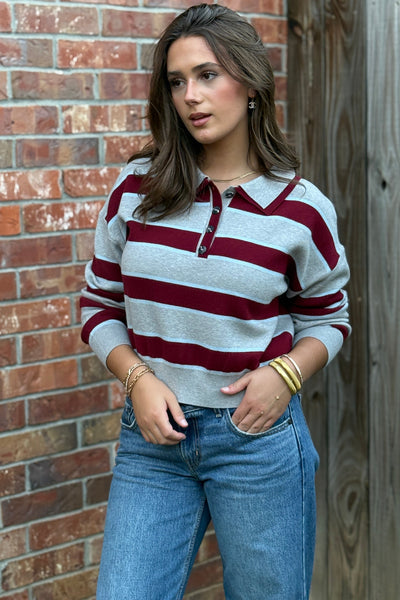 Quinn Rugby Stripe Polo Sweater, Burgundy