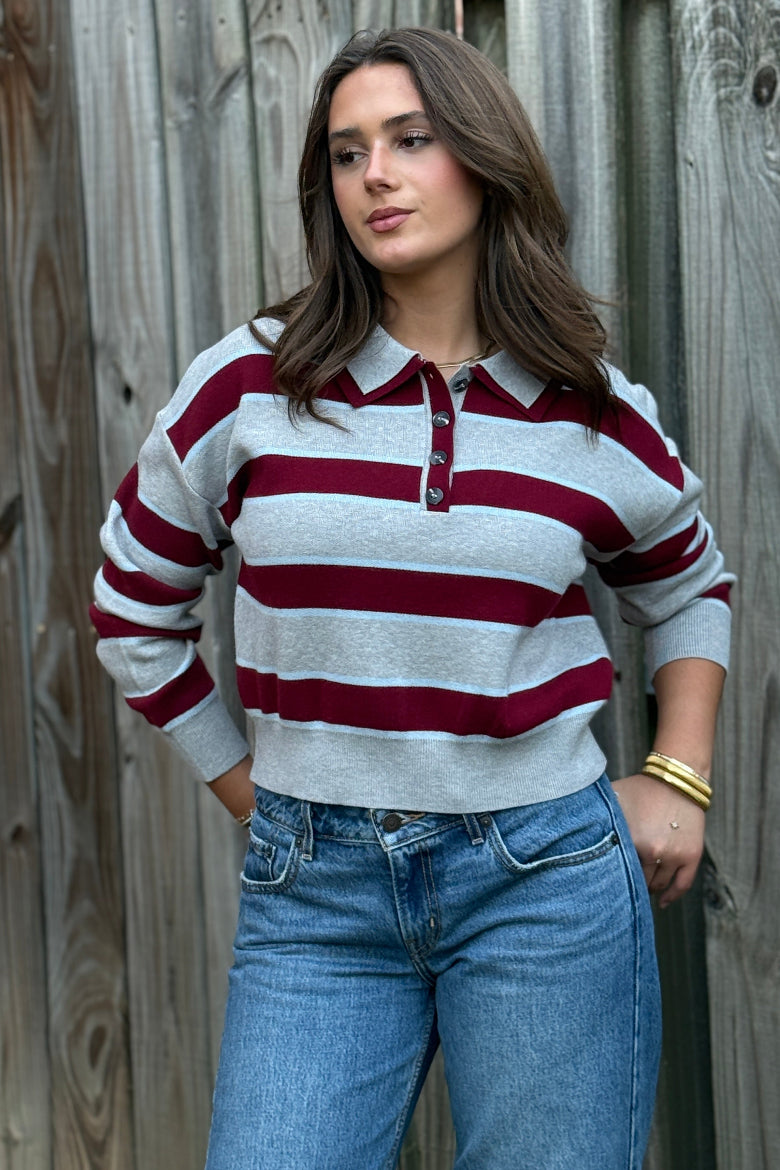 Quinn Rugby Stripe Polo Sweater, Burgundy