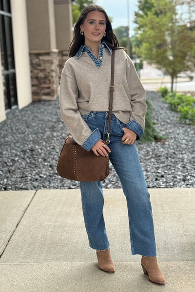 Blaire Sweater w/ Denim Trim, Tan