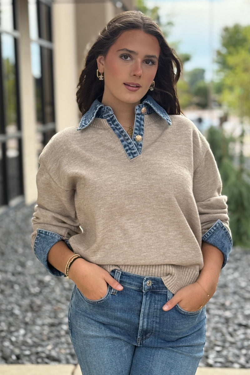 Blaire Sweater w/ Denim Trim, Tan