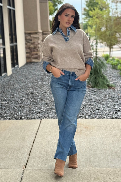 Blaire Sweater w/ Denim Trim, Tan