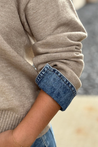 Blaire Sweater w/ Denim Trim, Tan